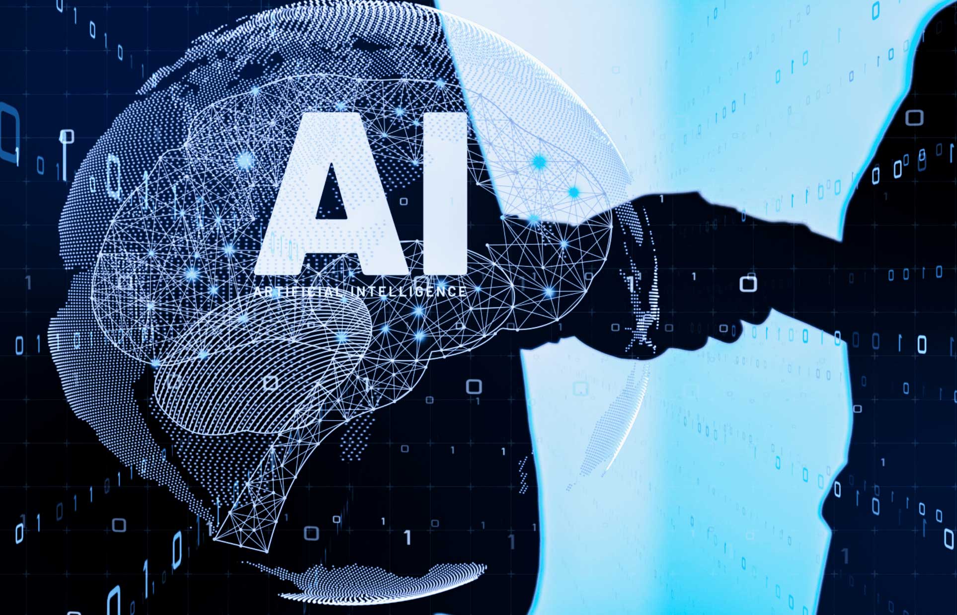 Two people shake hands the words AI and an outline appear over the image.