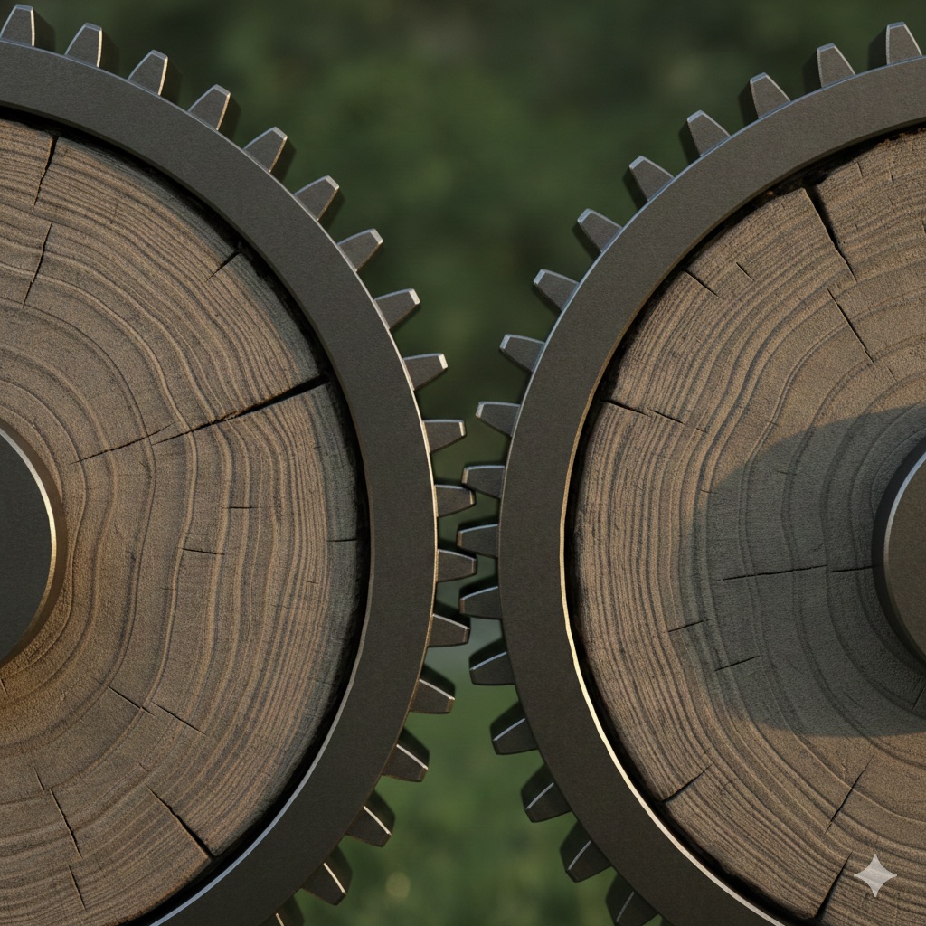 Interlocking gears with tree rings signifying partnerships over time