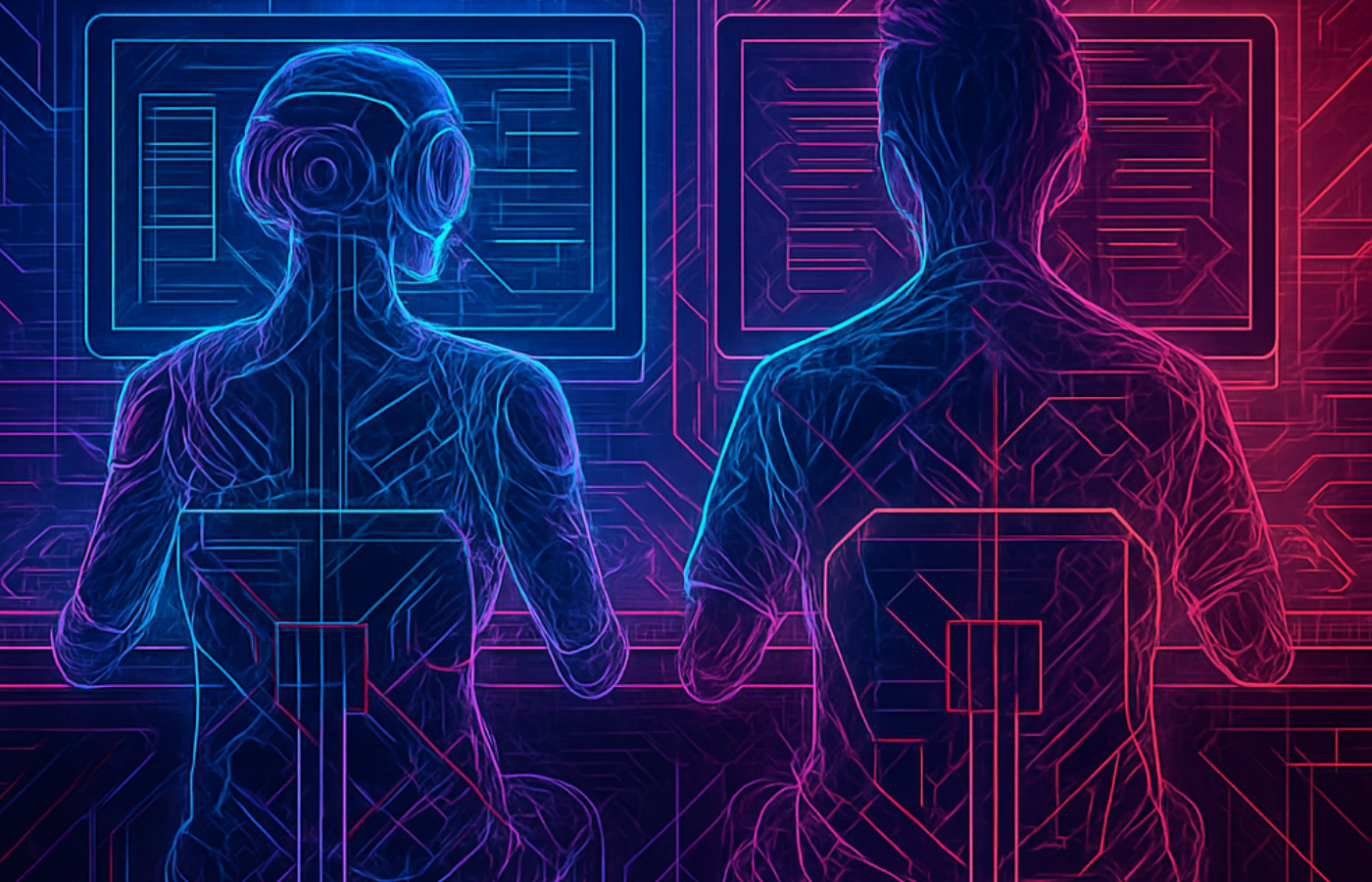 Depiction of AI and human working together side by side to program software