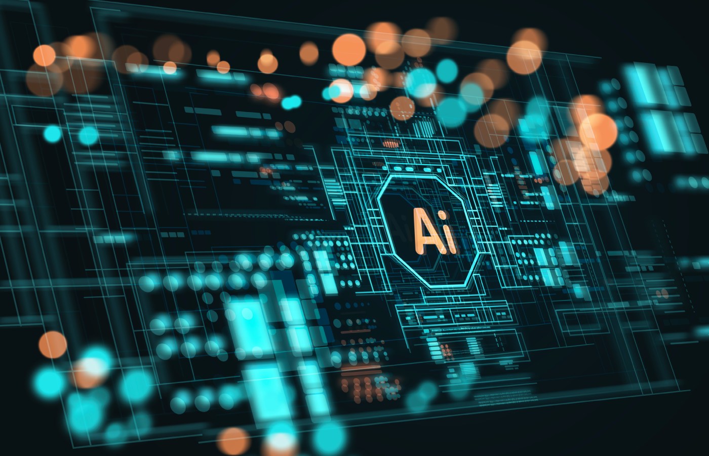 Futuristic digital interface showcasing artificial intelligence (AI) technology, data visualization, and high-tech network systems in glowing blue and orange tones.