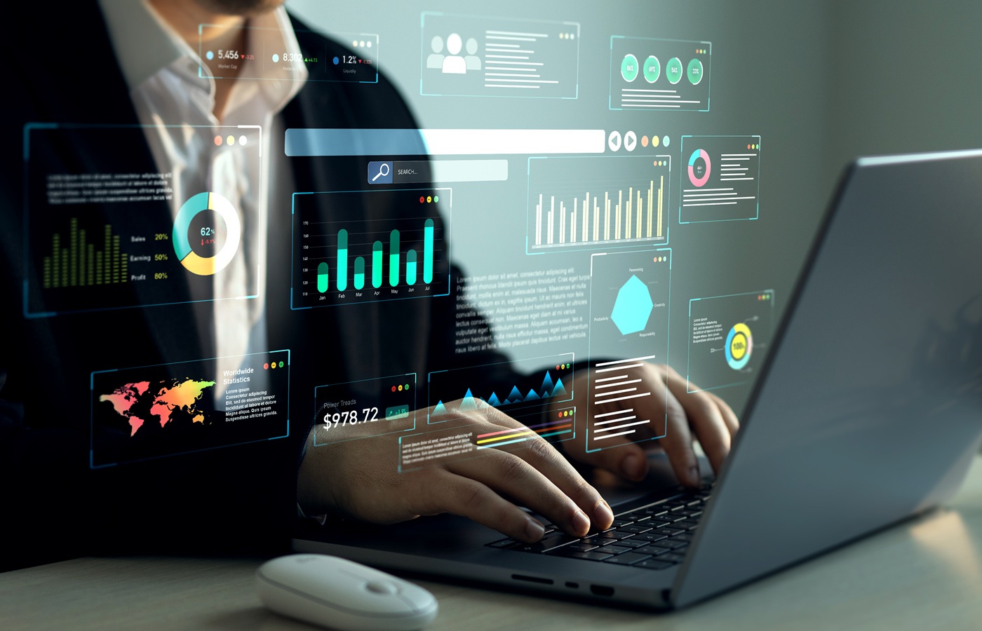 Person working on a laptop with data charts and reports overlayed on the screen, representing operational efficiency and business performance analysis.