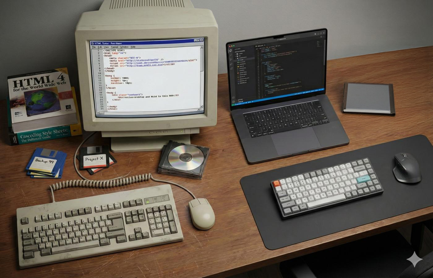 A computer desk showing technology 30 years apart. AI generated.