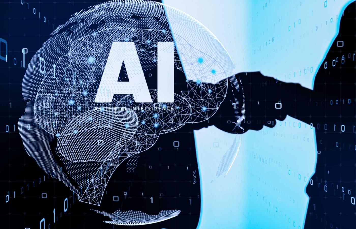 Two people shake hands the words AI and an outline appear over the image.