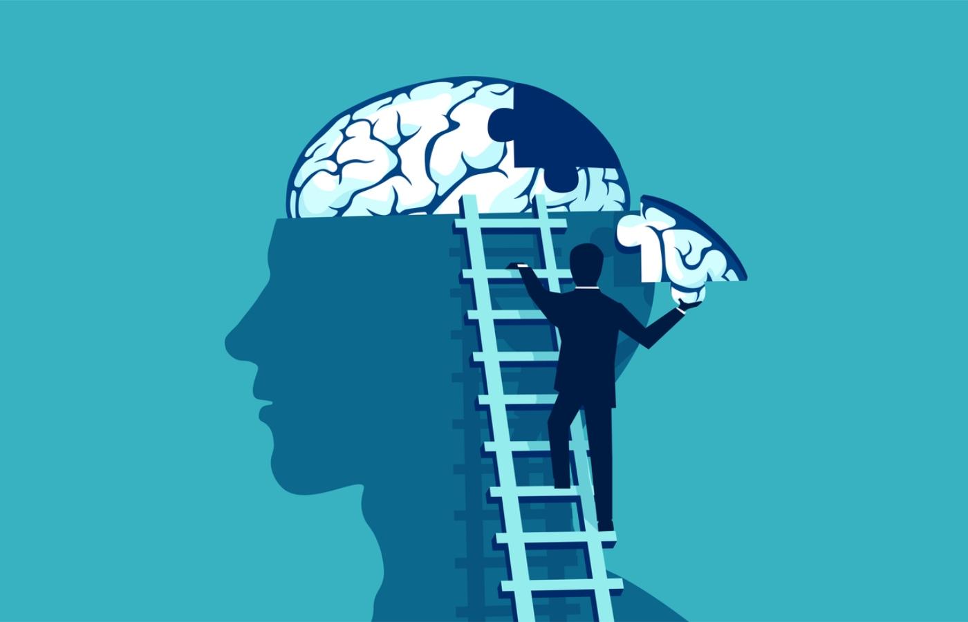 Businessman climbing stairs reaching man's head to add piece of brain