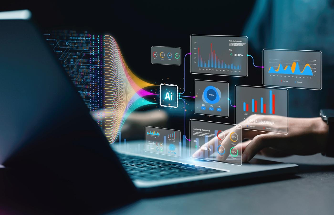 AI-powered data analytics visualized through dynamic dashboards and futuristic digital interfaces.