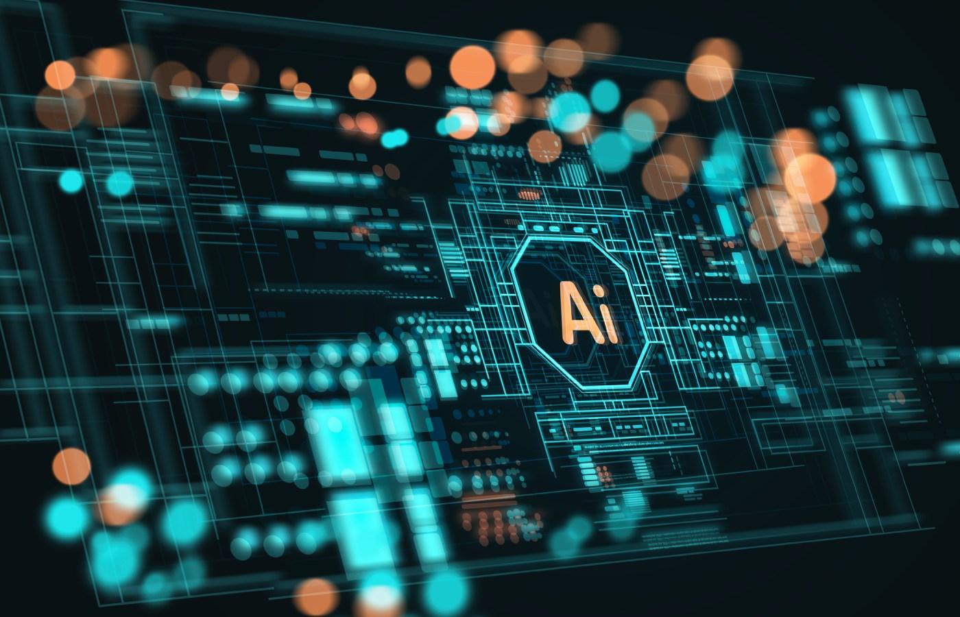 Futuristic digital interface showcasing artificial intelligence (AI) technology, data visualization, and high-tech network systems in glowing blue and orange tones.