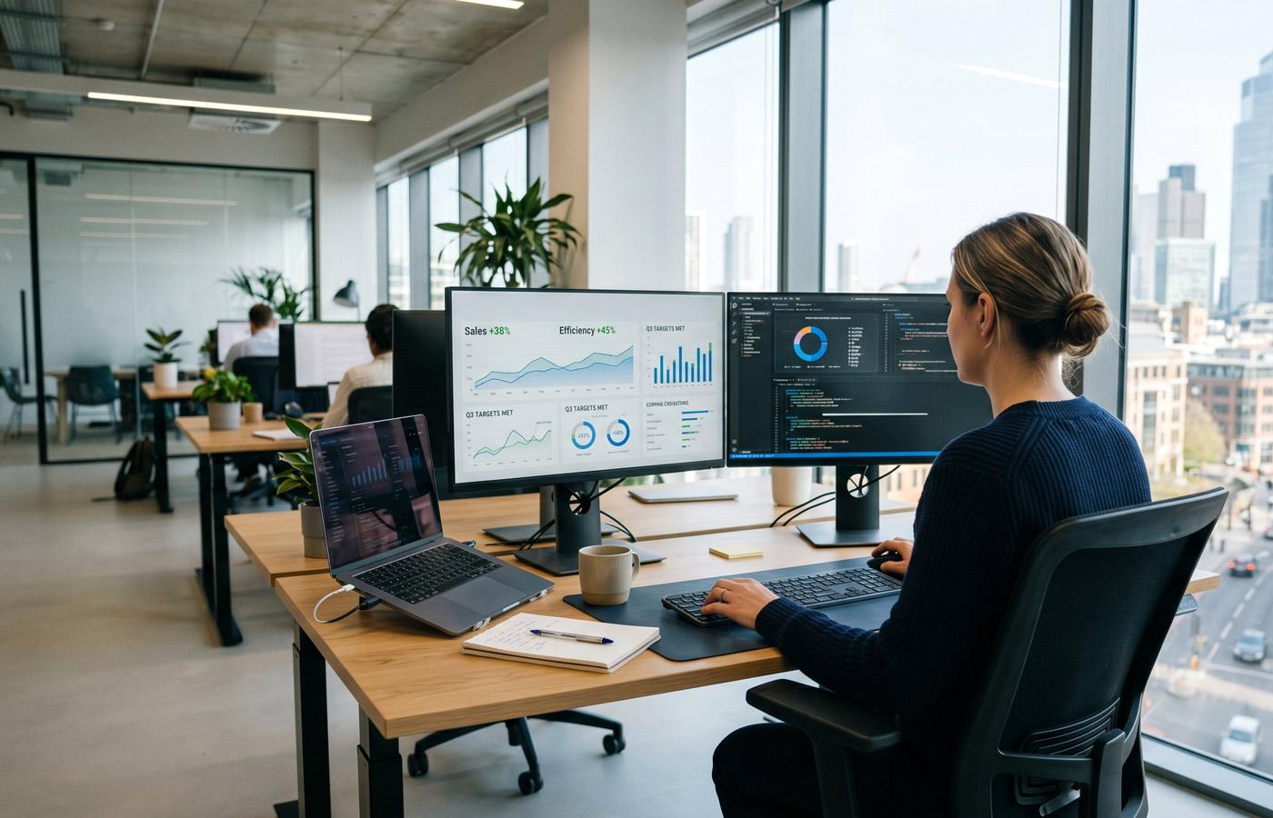 Marketing manager generating AI reports in the office