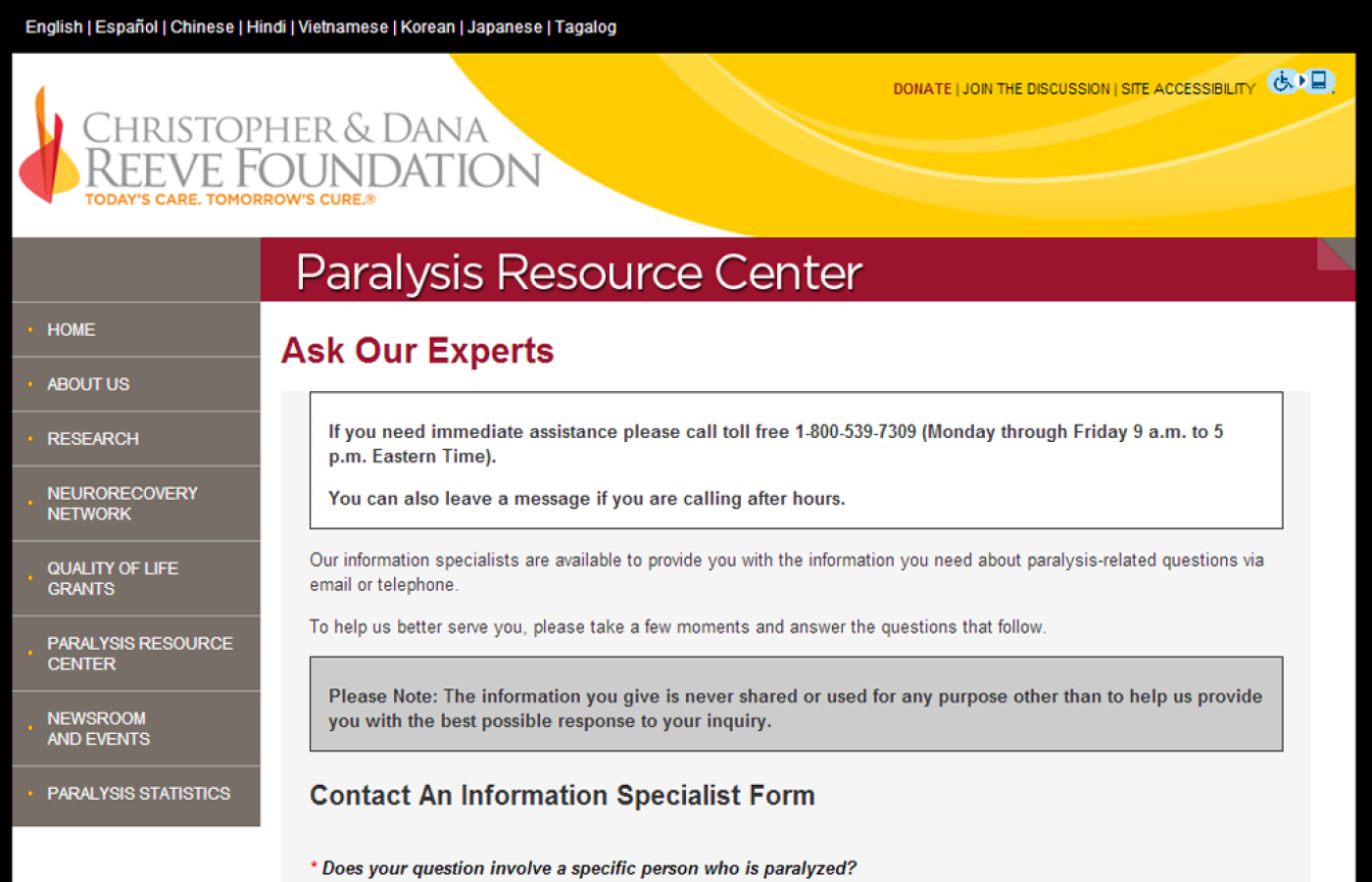 Paralysis Resource Center - Client Intake Form