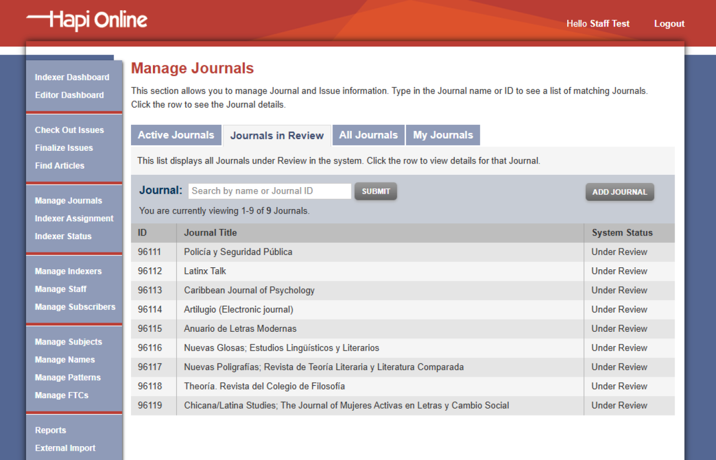 Manage Journals Admin Interface Page