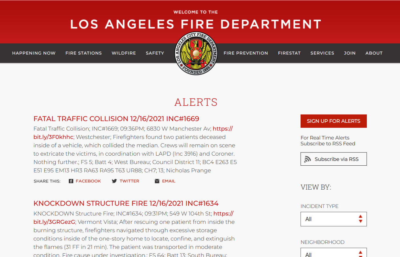Los Angeles Fire Department Alerts Page