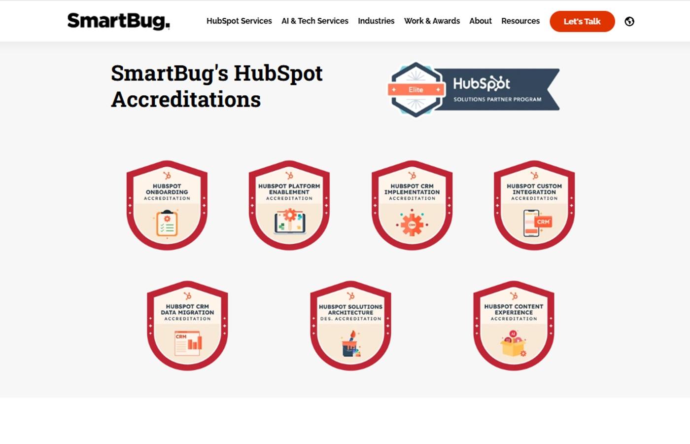 SmartBug page featuring Hubspot accreditations