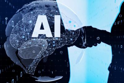 Two people shake hands the words AI and an outline appear over the image.