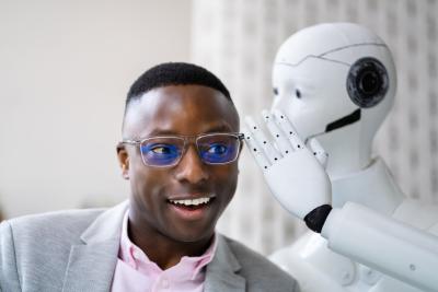 AI robot whispering to a business colleague