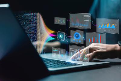 AI-powered data analytics visualized through dynamic dashboards and futuristic digital interfaces.