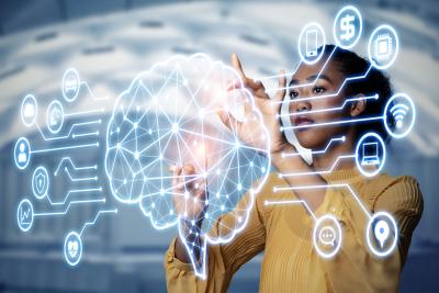 AI (Artificial Intelligence) concept. Electronic circuit. Communication network.