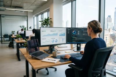 Marketing manager generating AI reports in the office