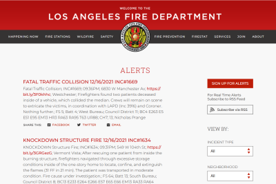 Los Angeles Fire Department Alerts Page